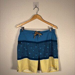 Patagonia Blue Yellow Squid Stripes Swim Trunks Zip Pocket Tie Shorts Size 32